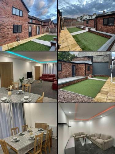 a collage of photos of a house with a yard at Citrine Suite - Sleeps 8 with Parking in Stoke on Trent