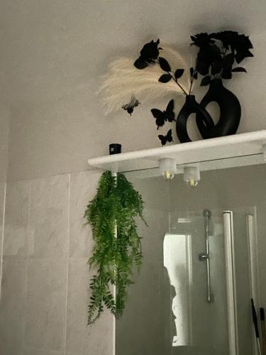 une étagère avec une plante en pot et un miroir dans l'établissement Joli 2p terrasse à Saint Ouen touchant Paris, tout confort free WIFI, à Saint-Ouen