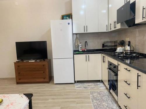a kitchen with a white refrigerator and a television at Guesthouse Family in Batumi
