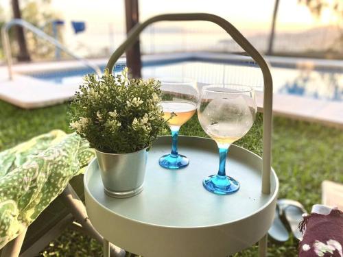 Dos copas de vino y una planta en maceta sobre una mesa. en Sea & Wave Buena Vista Pool Apartment, en Torre de Benagalbón