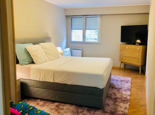 une chambre avec un grand lit et une télévision dans l'établissement Appartement Cosy, à Menton