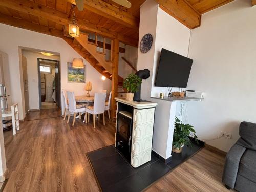 a living room with a fireplace and a flat screen tv at Dandelion Vendégházak in Kisapáti