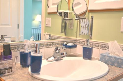 a bathroom with a sink and a mirror at 48a Luxury Lake Home W Massage Meditation Gym Ac in Calgary