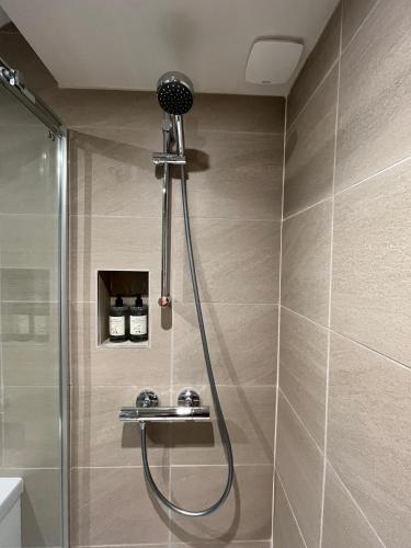 La salle de bains est pourvue d'une douche en verre. dans l'établissement Studio au coeur de la vieille ville, à Annecy