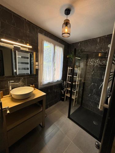 une salle de bain avec un lavabo et une douche dans l'établissement L'atelier cosy!, à Laroque