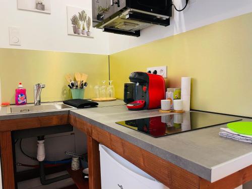 a kitchen with a counter top with a red appliance at Les Remparts, 5min du ZooParc in Saint-Aignan