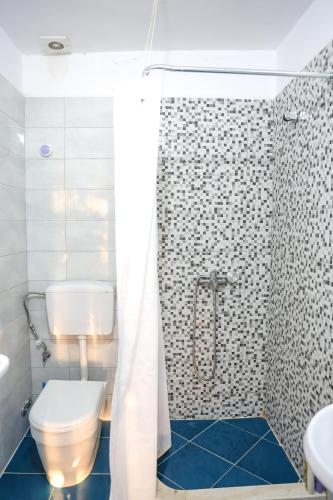 a bathroom with a toilet and a shower at Casablanca Rooms Dhërmi in Dhërmi