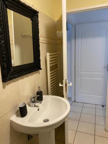 une salle de bain avec un lavabo blanc et un miroir dans l'établissement Agréable rez de jardin avec Piscine et Jacuzzi, à Cervione