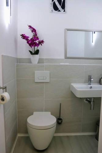 a bathroom with a toilet and a sink at Barrierefreies Apartment in Bad Salzuflen in Bad Salzuflen