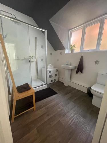 a bathroom with a shower and a toilet and a sink at Spacious Double Studio-style room in Orpington