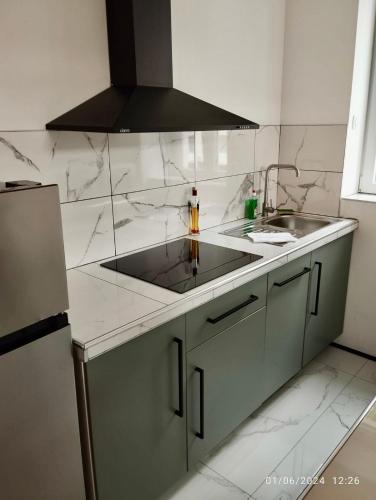 une cuisine avec un évier et un plan de travail dans l'établissement Sainte Cécile 1- Appartement spacieux et lumineux, à Vichy