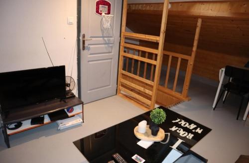 un salon avec une télévision et un panier de basket dans l'établissement charmant studio, à Montbéliard