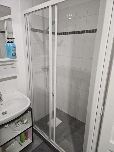 une salle de bain avec douche et lavabo dans l'établissement Studio à 2 arrêt de Paris, à Pierrefitte-sur-Seine