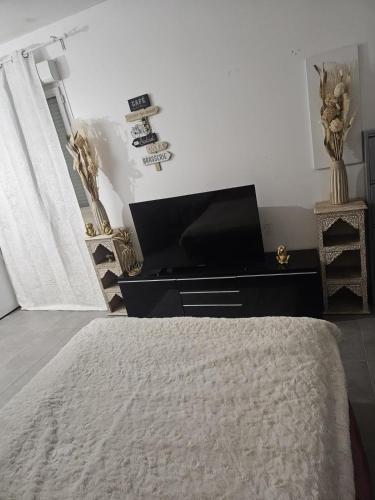 une chambre avec un lit et une commode avec une télévision dans l'établissement Studio à 2 arrêt de Paris, à Pierrefitte-sur-Seine