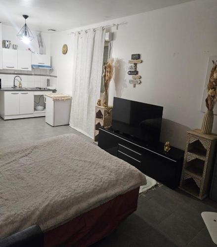 une chambre avec un lit et une télévision à écran plat dans l'établissement Studio à 2 arrêt de Paris, à Pierrefitte-sur-Seine