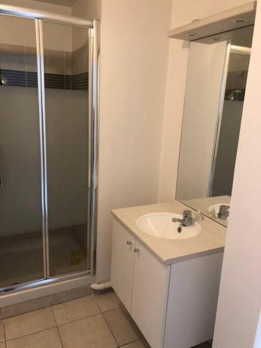 une salle de bain avec une douche, un lavabo et un miroir dans l'établissement Studio meublé à louer 100 m de métro ligne 7, à Villejuif