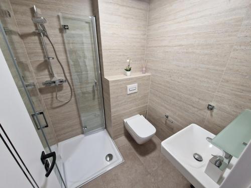 a bathroom with a shower and a toilet and a sink at Penzion J&P Slavičín in Zlín