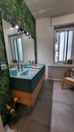 a bathroom with a sink and a mirror at Le Passage Meublé de tourisme Trois Etoiles 1 à 6 voyageurs in Châtillon-sur-Chalaronne