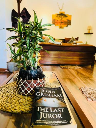 a table with a book and a potted plant on it at The kingdom of ella in Ella