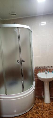 a shower stall in a bathroom with a sink at Diamond De Luxe in Kolomyya