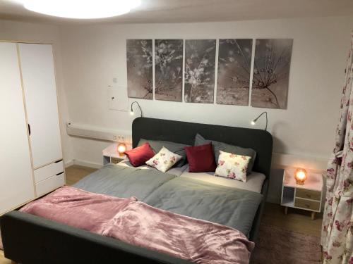 a bedroom with a bed with pillows on it at Altstadthaus im Herzen Feuchtwangens in Feuchtwangen