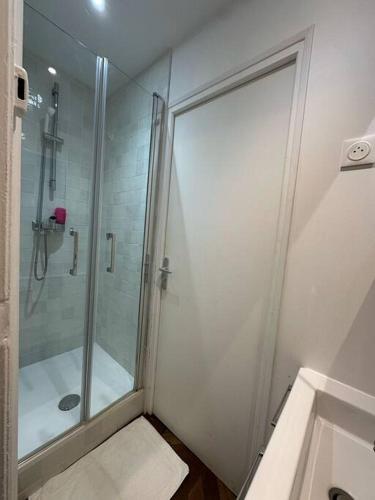 une salle de bain avec une douche avec une porte vitrée dans l'établissement Historique - Studio proche Cathédrale, à Reims