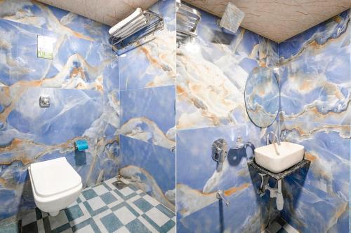 two pictures of a bathroom with a toilet and a sink at FabExpress Good Luck Residency - Nr NESCO Exhibition Center in Mumbai