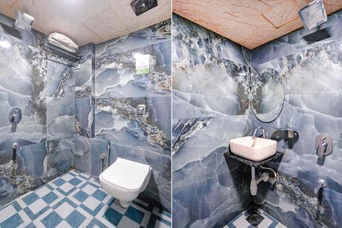 two pictures of a bathroom with a toilet and a sink at FabExpress Good Luck Residency - Nr NESCO Exhibition Center in Mumbai