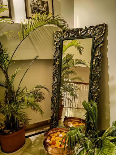 a mirror sitting on a table with plants at Burj Baneria - A Boutique Homestay in Udaipur