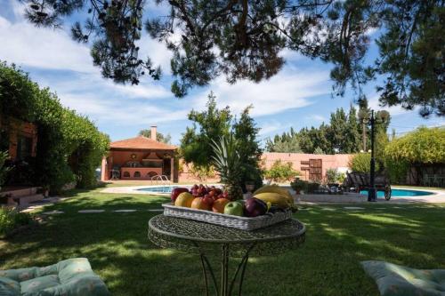 a bowl of fruit on a table in a yard at Villa Christina in Evia in Paralía Avlídhos