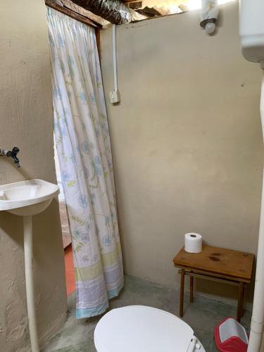 a bathroom with a toilet and a shower curtain at Tatajuba Hostel Casa Pascual in Tatajuba