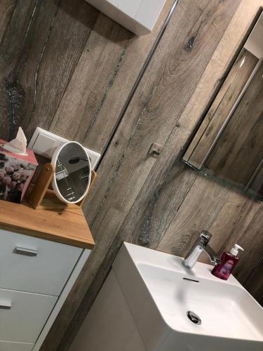 a bathroom with a sink and a mirror at Altstadthaus im Herzen Feuchtwangens in Feuchtwangen