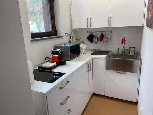 a small kitchen with a sink and a microwave at Villa Mulino Al Vento in Lipari