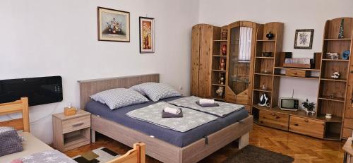 a bedroom with a bed and a tv in it at Trosoban stan u Zenici in Zenica