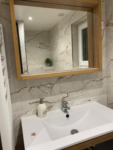 une salle de bain avec un lavabo blanc et un miroir dans l'établissement Maison cosy et jardin verdoyant, à Drancy