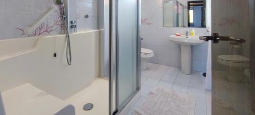 a bathroom with a shower and a toilet and a sink at RIVIERA, Large Four-Room Apartment with Balcony and Partial Lake View in Pallanza
