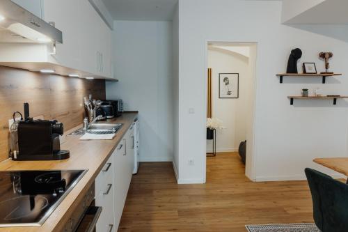 パッサウにあるCityHeart Appartement - Stadt Mitte - Stilvollのシンクとカウンタートップのあるキッチン