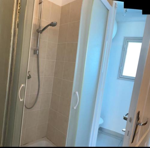 une salle de bain avec une douche avec une porte vitrée dans l'établissement Studio jacuzzi à l'abri des vents, à Carcassonne