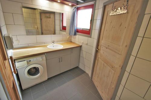 ein kleines Bad mit einem Waschbecken und einer Waschmaschine in der Unterkunft Wildgans 271 in Mirow