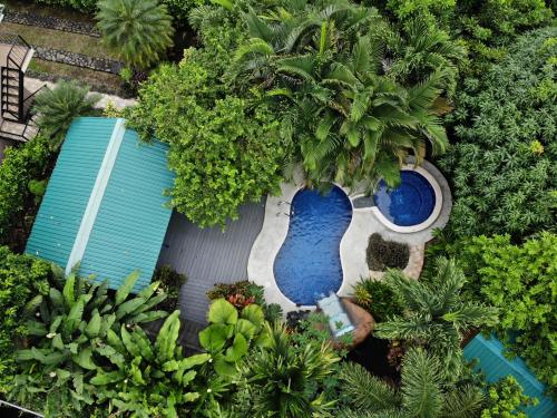 an overhead view of a garden with two blue vases at San Gabriel Apartments in Fortuna