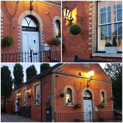two pictures of a brick building with a door at The Old Chapel Stoke Bruerne in Towcester