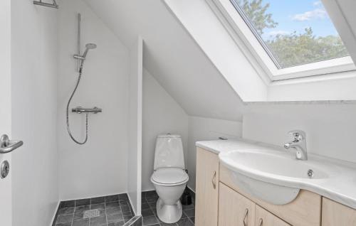 a bathroom with a shower and a toilet and a sink at 3 Bedroom Nice Home In Børkop in Børkop