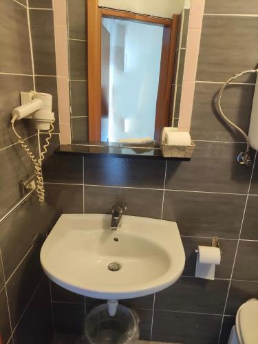 a bathroom with a white sink and a window at Hotel Salus in Milan