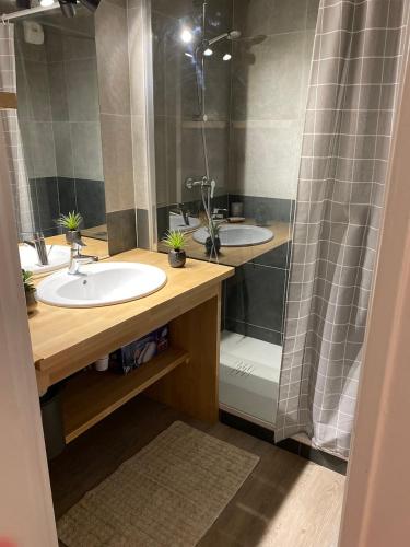 une salle de bain avec deux lavabos et une douche dans l'établissement Cool Montagne, à Briançon