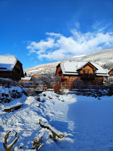 a log cabin in the snow in front at st martin chalets in Sankt Michael im Lungau
