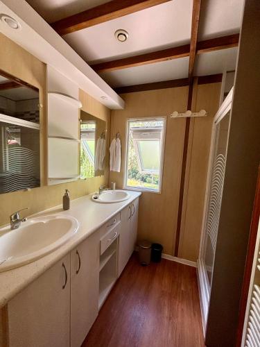 une salle de bain avec deux lavabos et une fenêtre dans l'établissement Montesquiou-Chalet-5 personnes, à Montesquiou