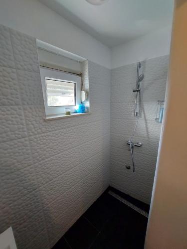 a bathroom with a shower and a window at Skradin villa et studio in Dubravice