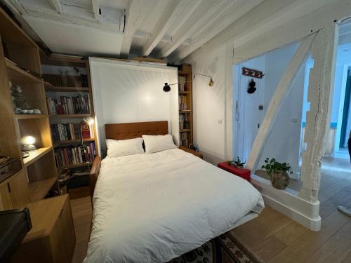 une chambre avec un grand lit blanc avec une fenêtre dans l'établissement Joli studio Jardin des Plantes, à Paris