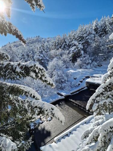 a winter view of a road with snow covered trees at Jermuk Villa Imperial in Jermuk