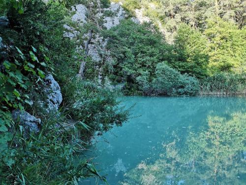 a body of blue water with trees and bushes at Appart Authentique et Confortable in Valderoure